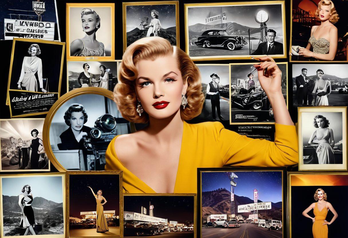 A captivating collage featuring glamorous photographs of June Wilkinson from her iconic modeling and acting career, surrounded by vintage movie reels, classic Hollywood spotlights, and elegant golden frames. The background should showcase an iconic Hollywood sign with subtle starry night effects. super-realistic. vibrant colors. vintage Hollywood style.