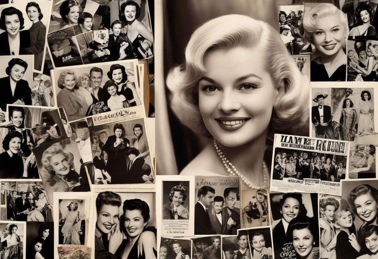 A nostalgic collage featuring iconic photographs of June Wilkinson from different stages of her career, capturing her timeless beauty and glamorous persona. Include black-and-white pictures, movie posters, and fan memorabilia in the background. The main focus should be a radiant, close-up portrait of June Wilkinson, smiling warmly. Vintage Hollywood style. Sepia tones. Retro aesthetics.