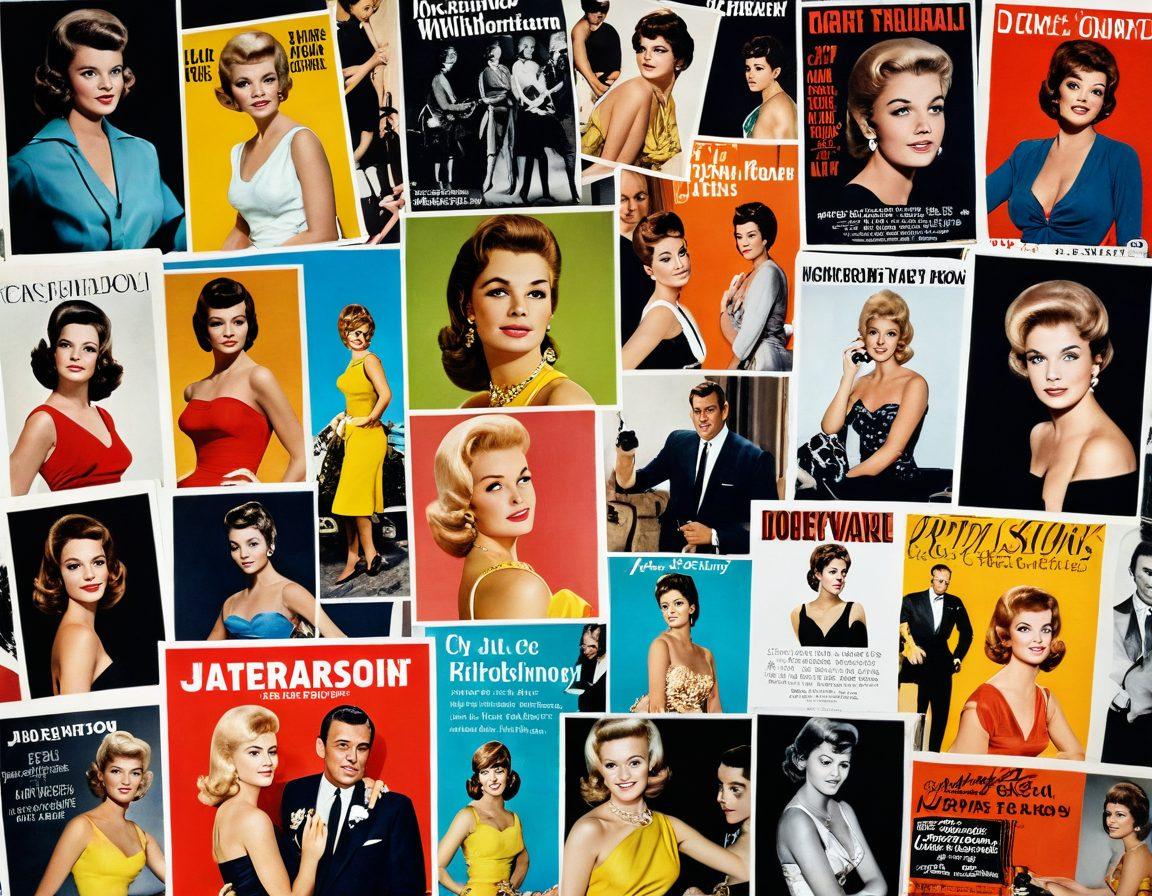 A collage featuring rare photoshoots of actress June Wilkinson from the 1960s, her film posters, and snippets from exclusive interviews, showcasing her glamorous life and career. The collage should exude retro Hollywood charm with vibrant colors, capturing her iconic style and elegance. retro. vibrant colors. collage style.